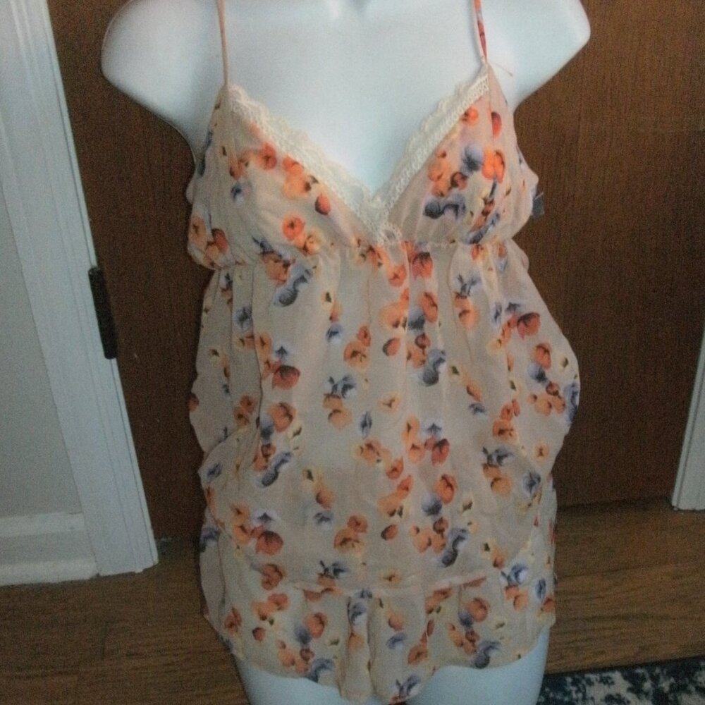 NWT Chiffon Sheer Tan Purple Orange Floral PJ Set Cami with Matching Shorts XS